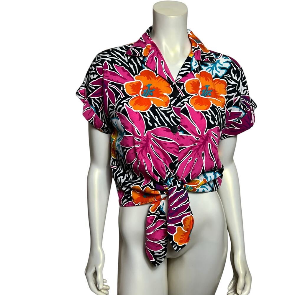 Michele Leslie Colorful Tropical Floral Button-Up Shirt Size L